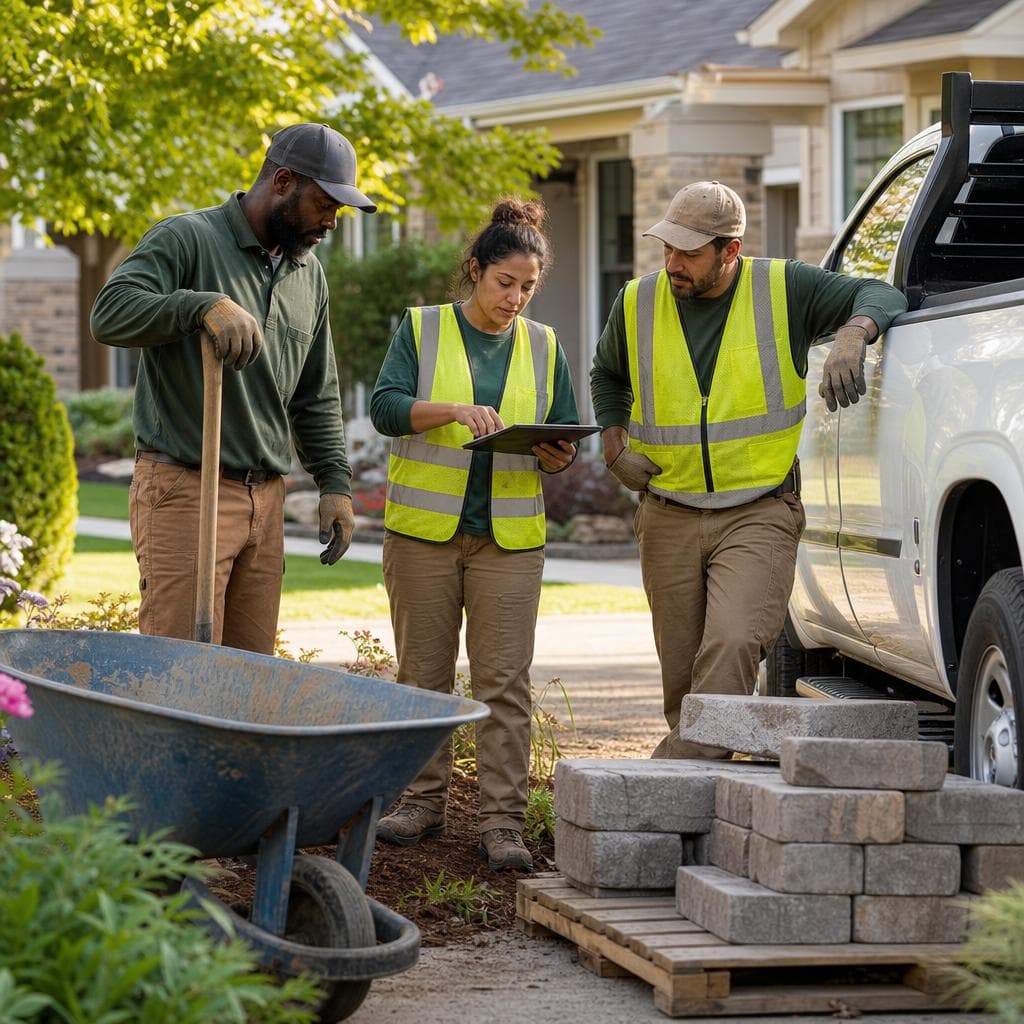 A U.S. landscaping crew coordinating work at a suburban home