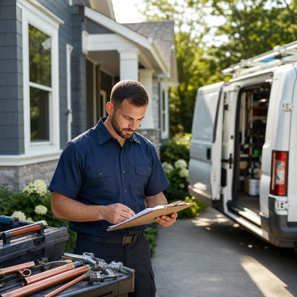 A U.S. home-service contractor preparing a customer estimate beside a work van