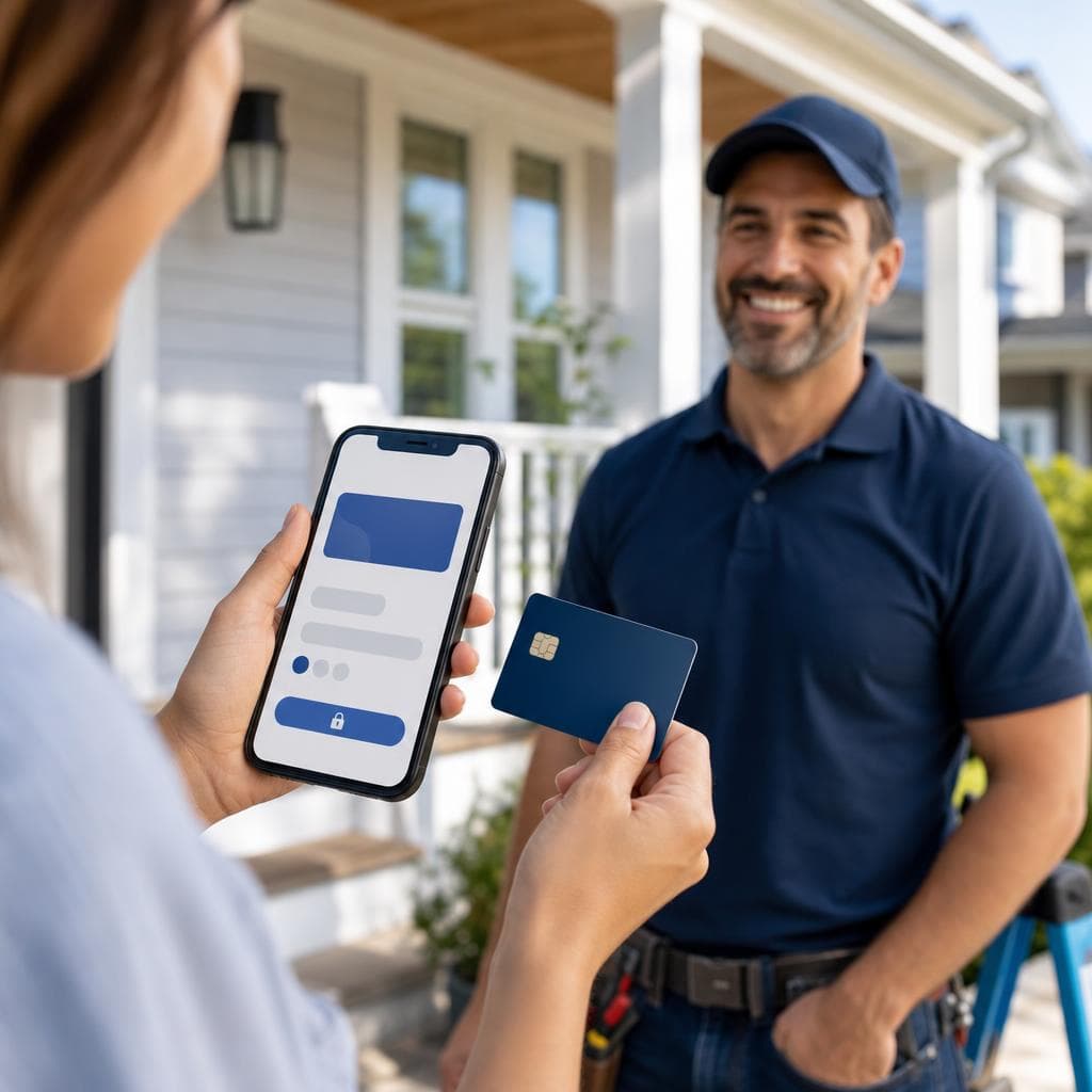 A homeowner paying a U.S. contractor invoice online with a credit card