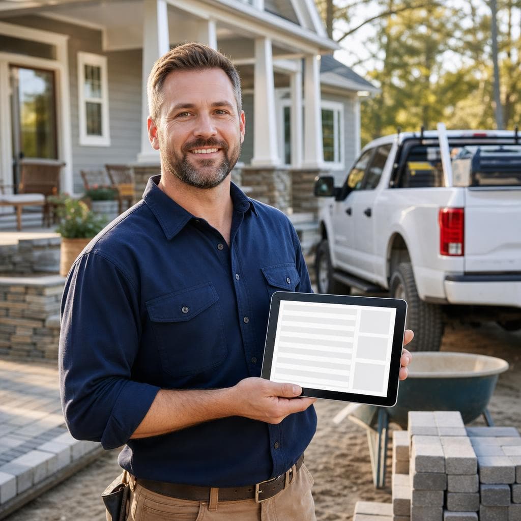 A U.S. residential contractor showing an invoice dashboard on a tablet at a job site