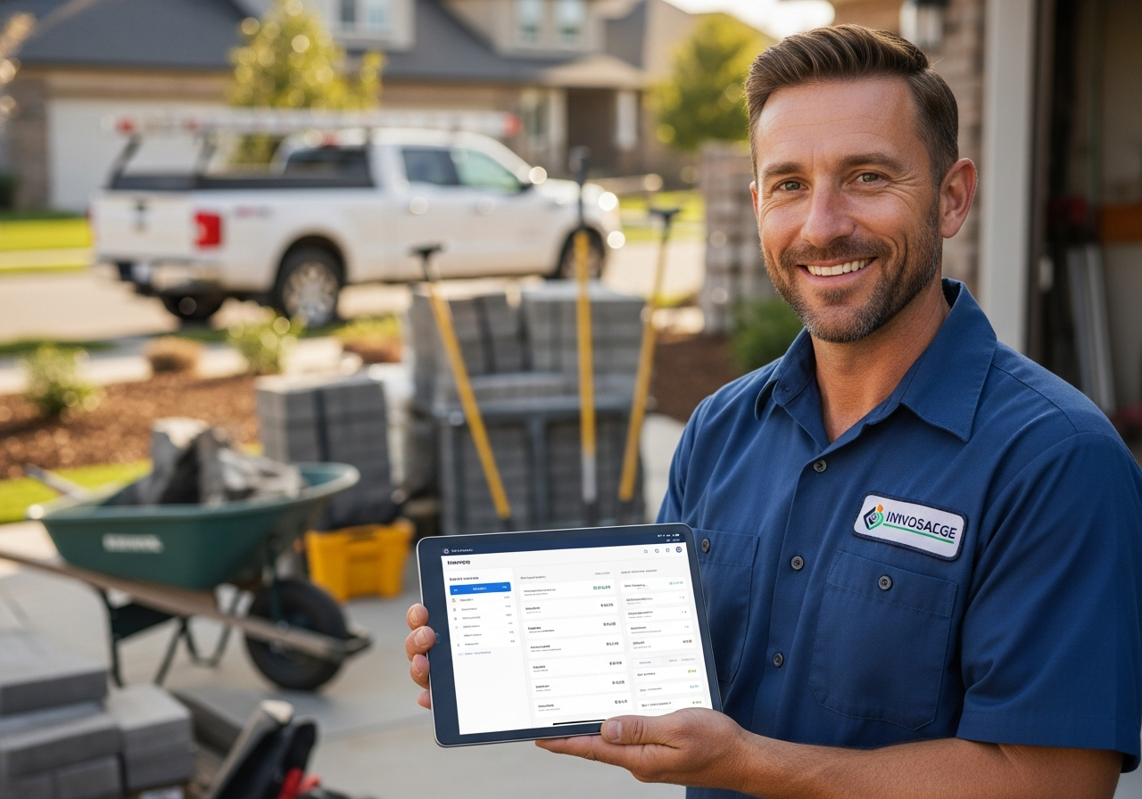A small business owner using YourInvoiceApp on a tablet at a job site